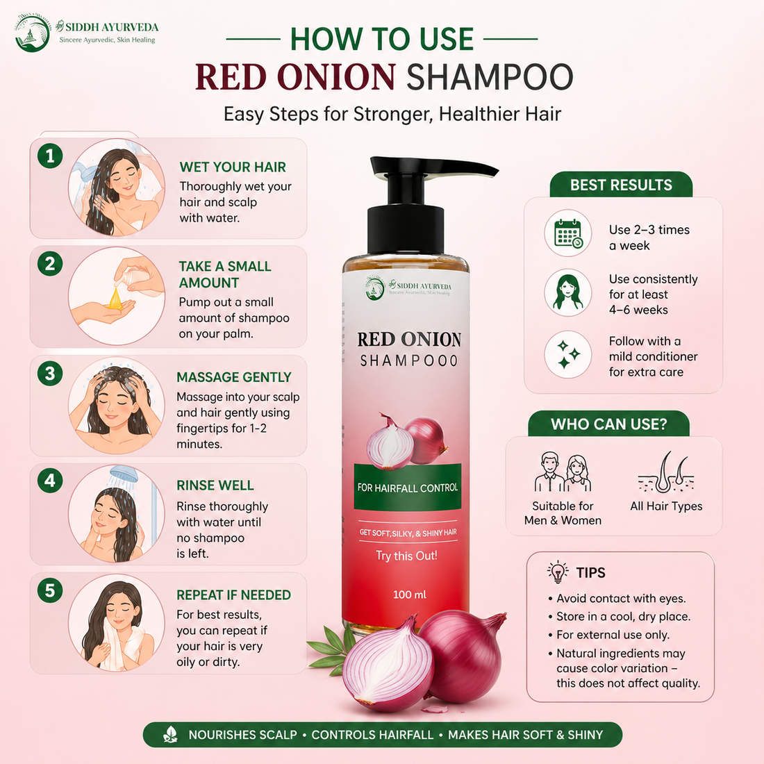 SHRI SIDDH AYURVEDA Red Onion Shampoo for Hair Fall Control | Natural Herbal Formula for Strong, Shiny, Long Hair Growth
