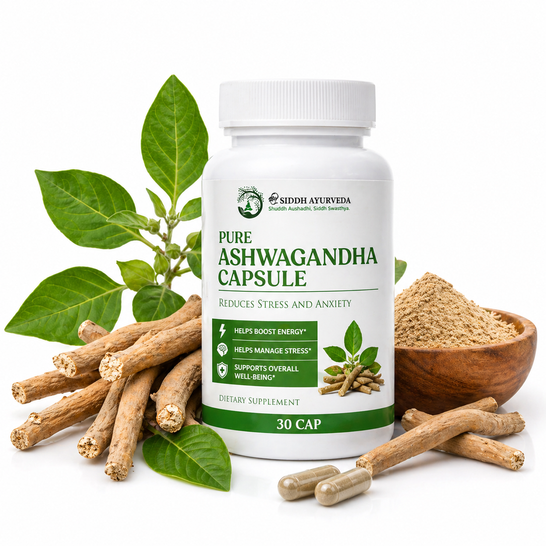 SHRI SIDDH AYURVEDA Pure Ashwagandha Capsules for Stress Relief, Energy & Strength | Natural Ayurvedic Supplement for Men & Women